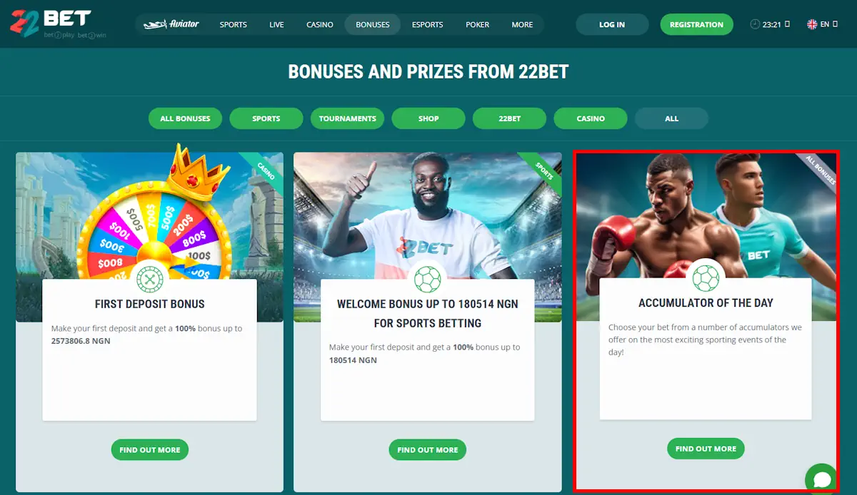 22bet Bonuses and Bonus Accumulator Of The Day Screenshot